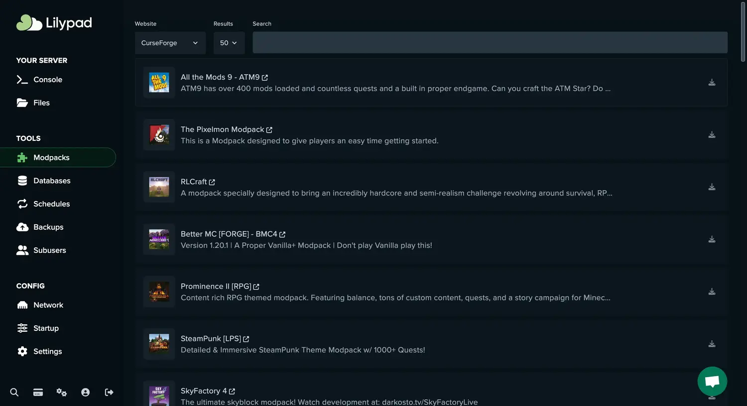 A screenshot of the modpack installer in the Lilypad game server management panel